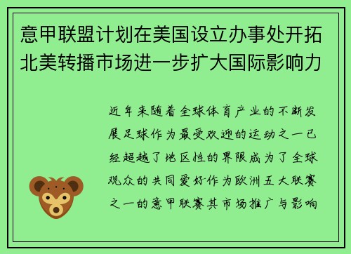 意甲联盟计划在美国设立办事处开拓北美转播市场进一步扩大国际影响力