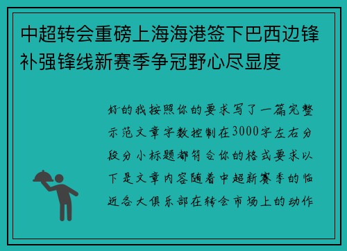 中超转会重磅上海海港签下巴西边锋补强锋线新赛季争冠野心尽显度